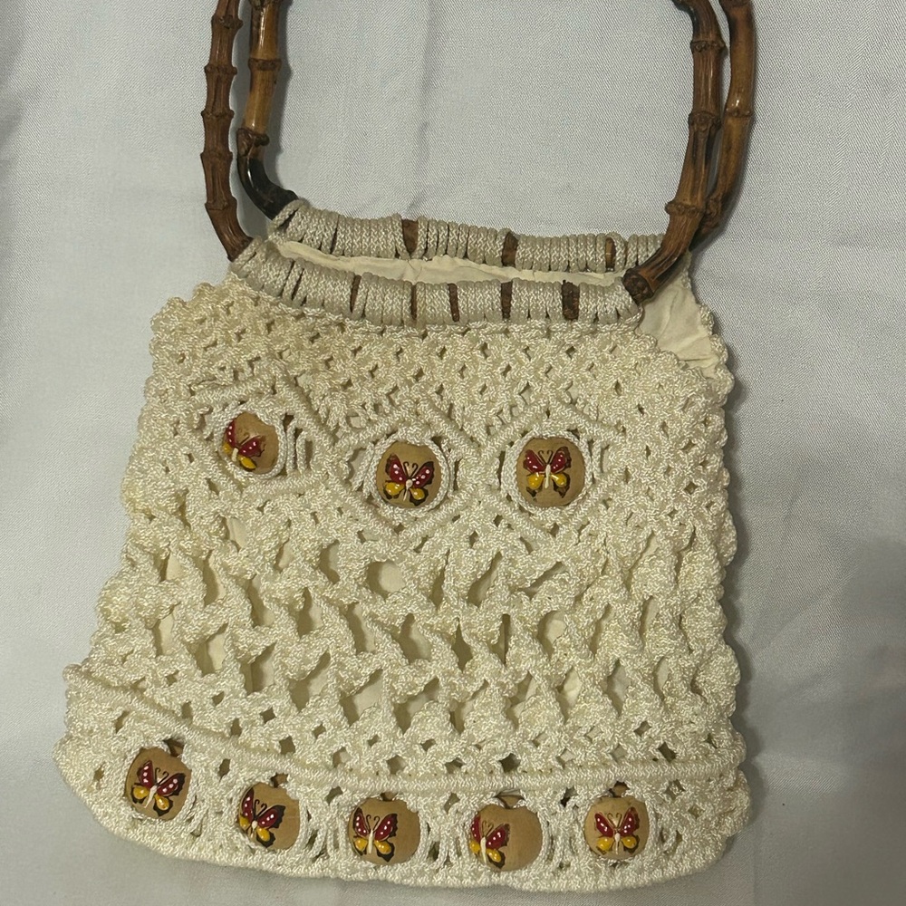 Macrame Woven Handbag Tote Purse Boho Wood Beads Cream/Ivory w/Bamboo Handles